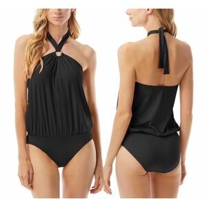 NWT Michael Kors Size 6 Logo Ring Halter Blouson One Piece Swimsuit Black $114